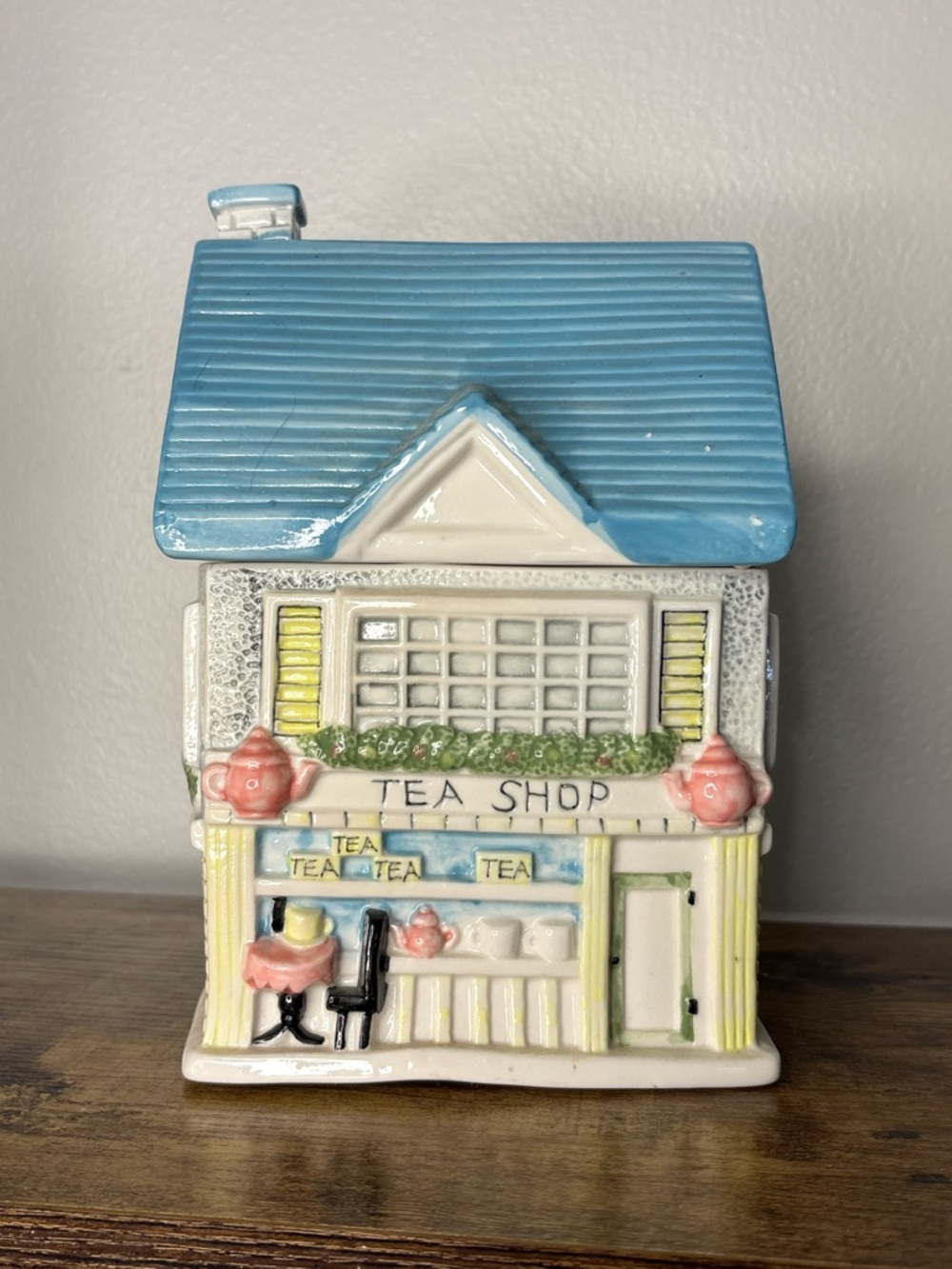 Blue Roof Ceramic Tea Shop Cookie Jar - Decorative Home Kitchen Accent